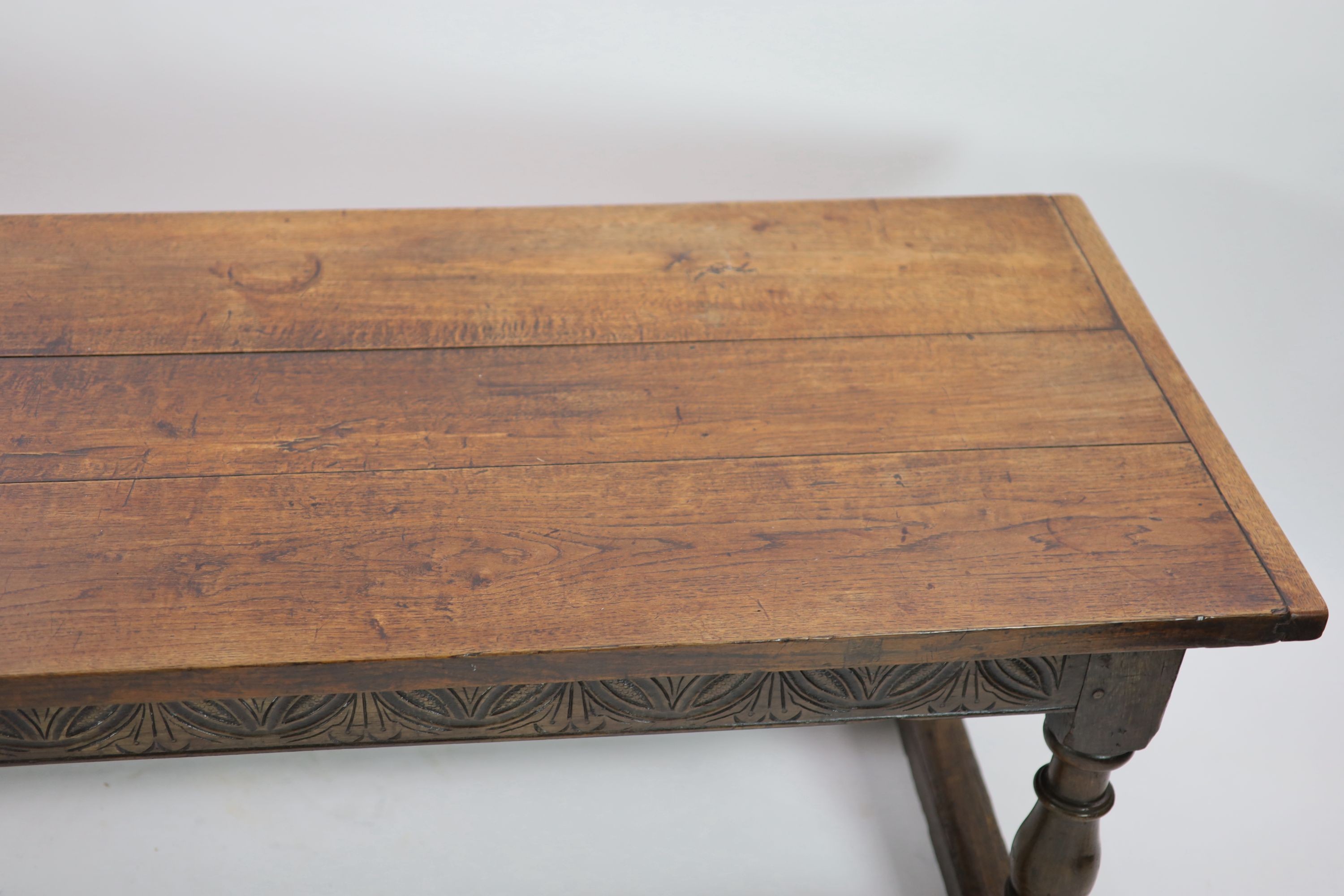 A William III oak refectory table, circa 1690, W.250cm D.76cm H.74cm